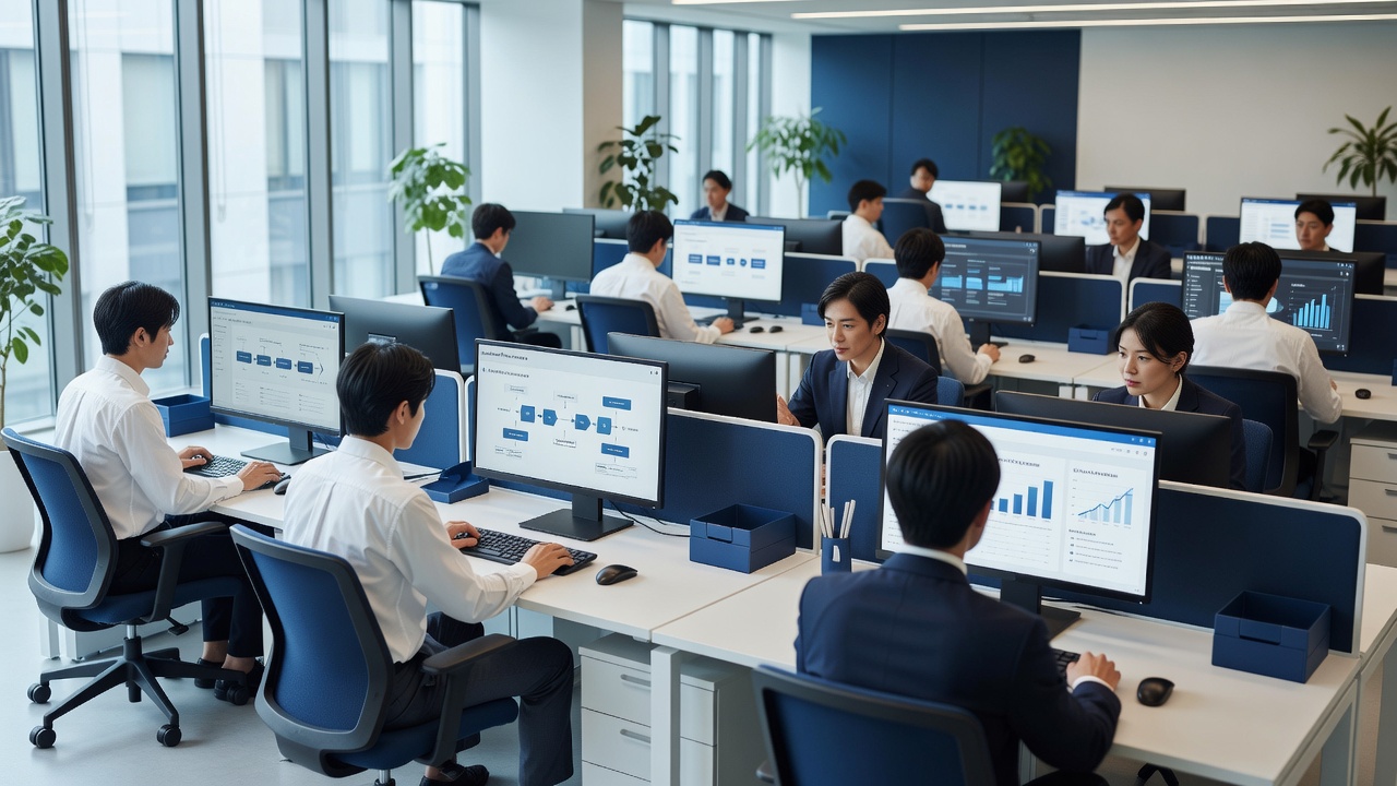 オフィスでワークフロー自動化の設計を行う担当者